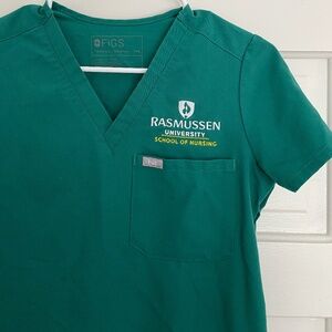 RASMUSSEN UNIVERSITY EMBROIDERED Hunter Green FIGS Catarina scrub top size XXS